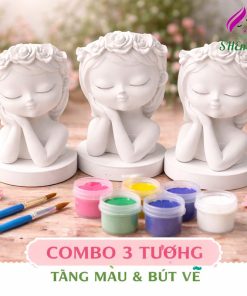 Combo 3 Tượng Thạch Cao Cô Gái Mơ Mộng Dễ Thương – Tặng Kèm 3 Bộ Dây Màu Và Cọ Tô
