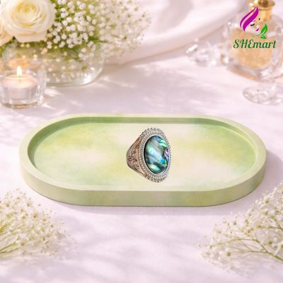 Khay de oval nhieu mau dung tealight trang suc phu kien chup hinh decor mau xanh la loang