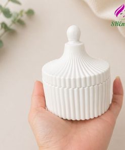 Hũ đựng nến thơm tròn sọc trắng có nắp – mẫu cốc Dubai 10x8 đựng nến thơm, làm decor, trang trí nhà cửa màu trắng
