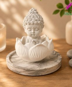Bộ Trang Trí Phong Cách Thiền Định - Tượng Tiểu Phật • Cốc Hoa Sen Để Đựng Nến Thơm • Đế Tròn • Khay Trưng Bày
