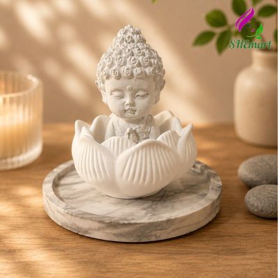 Bộ Trang Trí Phong Cách Thiền Định - Tượng Tiểu Phật • Cốc Hoa Sen Để Đựng Nến Thơm • Đế Tròn • Khay Trưng Bày