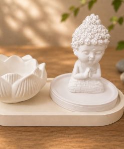 Bộ Trang Trí Phong Cách Thiền Định - Tượng Tiểu Phật - Cốc Hoa Sen Để Đựng Nến Thơm - Đế Tròn - Khay Oval Trưng Bày