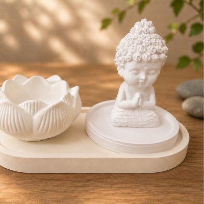 Bộ Trang Trí Phong Cách Thiền Định - Tượng Tiểu Phật - Cốc Hoa Sen Để Đựng Nến Thơm - Đế Tròn - Khay Oval Trưng Bày
