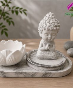 Bộ Trang Trí Phong Cách Thiền Định - Tượng Tiểu Phật • Cốc Hoa Sen Để Đựng Nến Thơm • Đế Tròn • Khay Trưng Bày